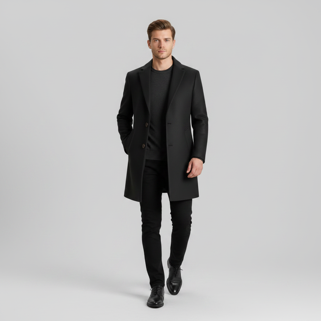 Men's Long Overcoat | Notched Lapel Winter Coat
