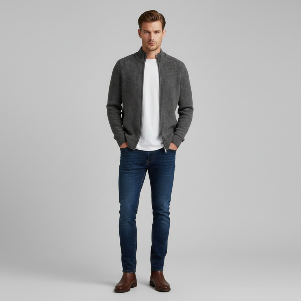 Men's Slim Fit Zip Up Cardigan | Ribbed Knit Sweater