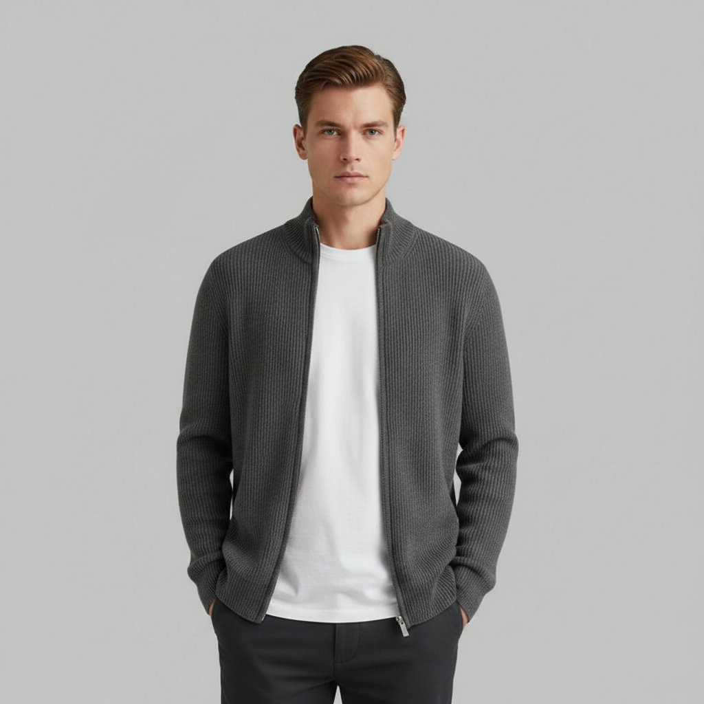 Men's Slim Fit Zip Up Cardigan | Ribbed Knit Sweater