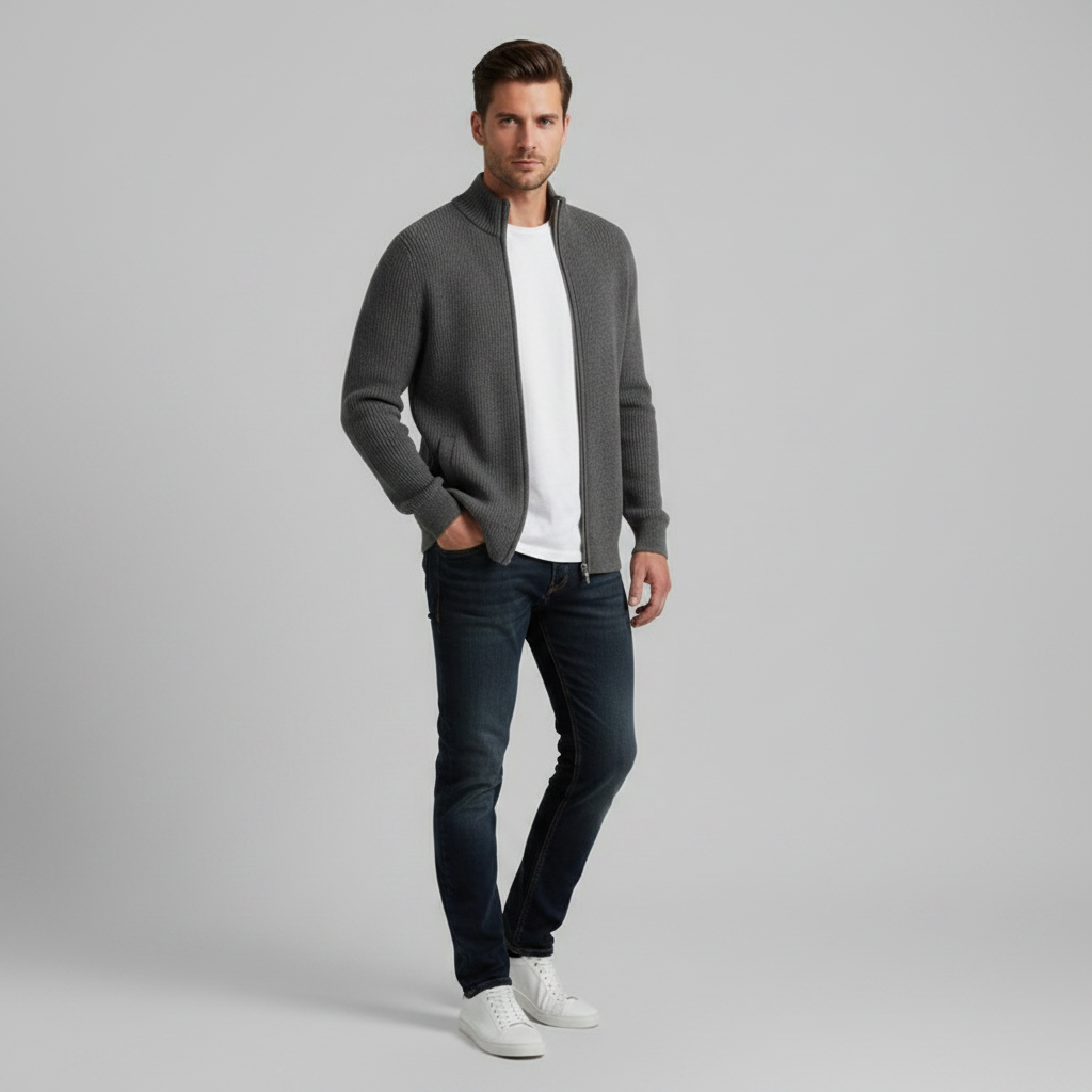 Men's Slim Fit Zip Up Cardigan | Ribbed Knit Sweater