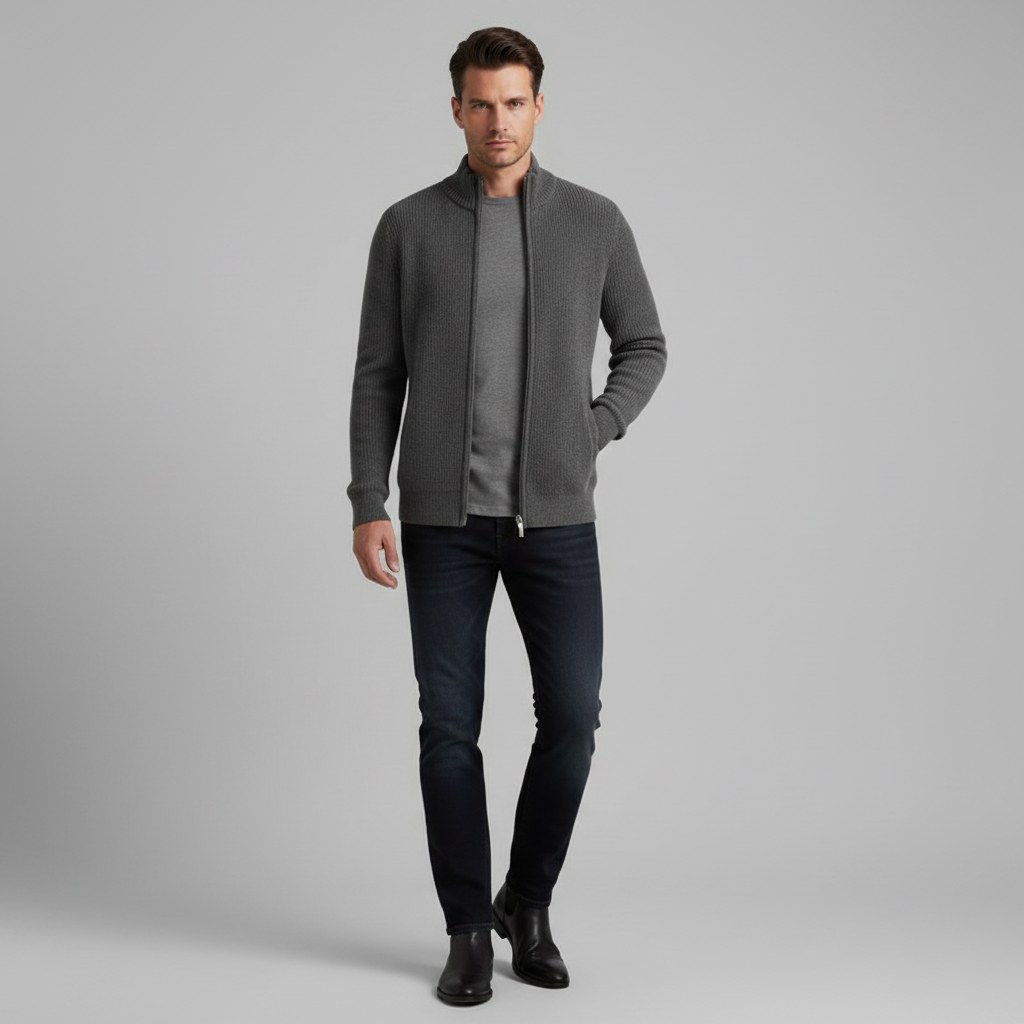 Men's Slim Fit Zip Up Cardigan | Ribbed Knit Sweater
