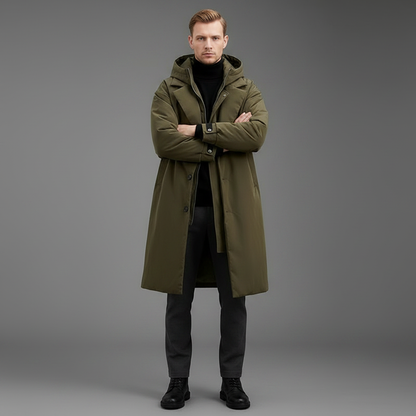 Men's Waterproof Puffer Trench Coat | Long Hooded Jacket